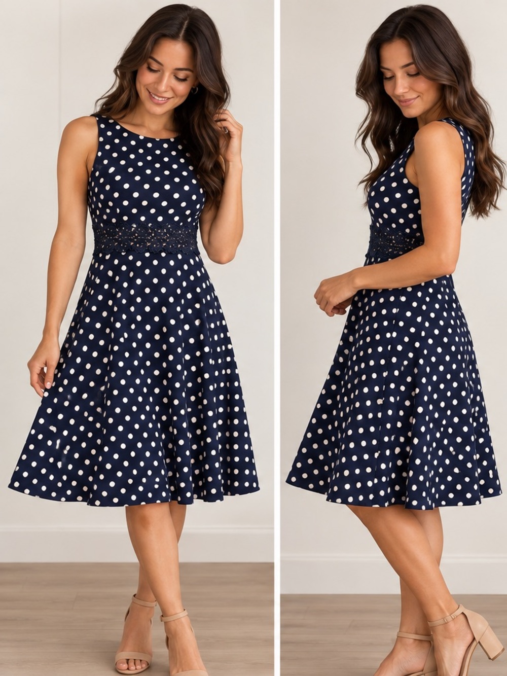 Navy Polka Dot Sleeveless Dress with Lace Waist